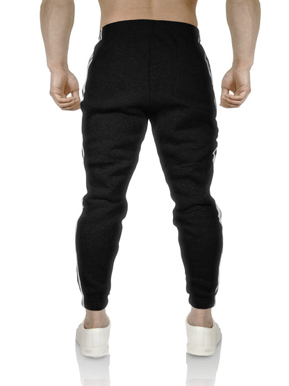 Mens Fleece Skinny Track Pants Jogger Gym Casual Sweat Trackies Warm Trousers - Black/White Stripe - XL