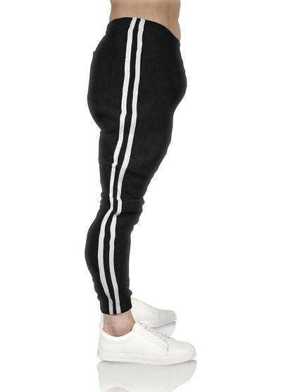 Mens Fleece Skinny Track Pants Jogger Gym Casual Sweat Trackies Warm Trousers - Black/White Stripe - XXL