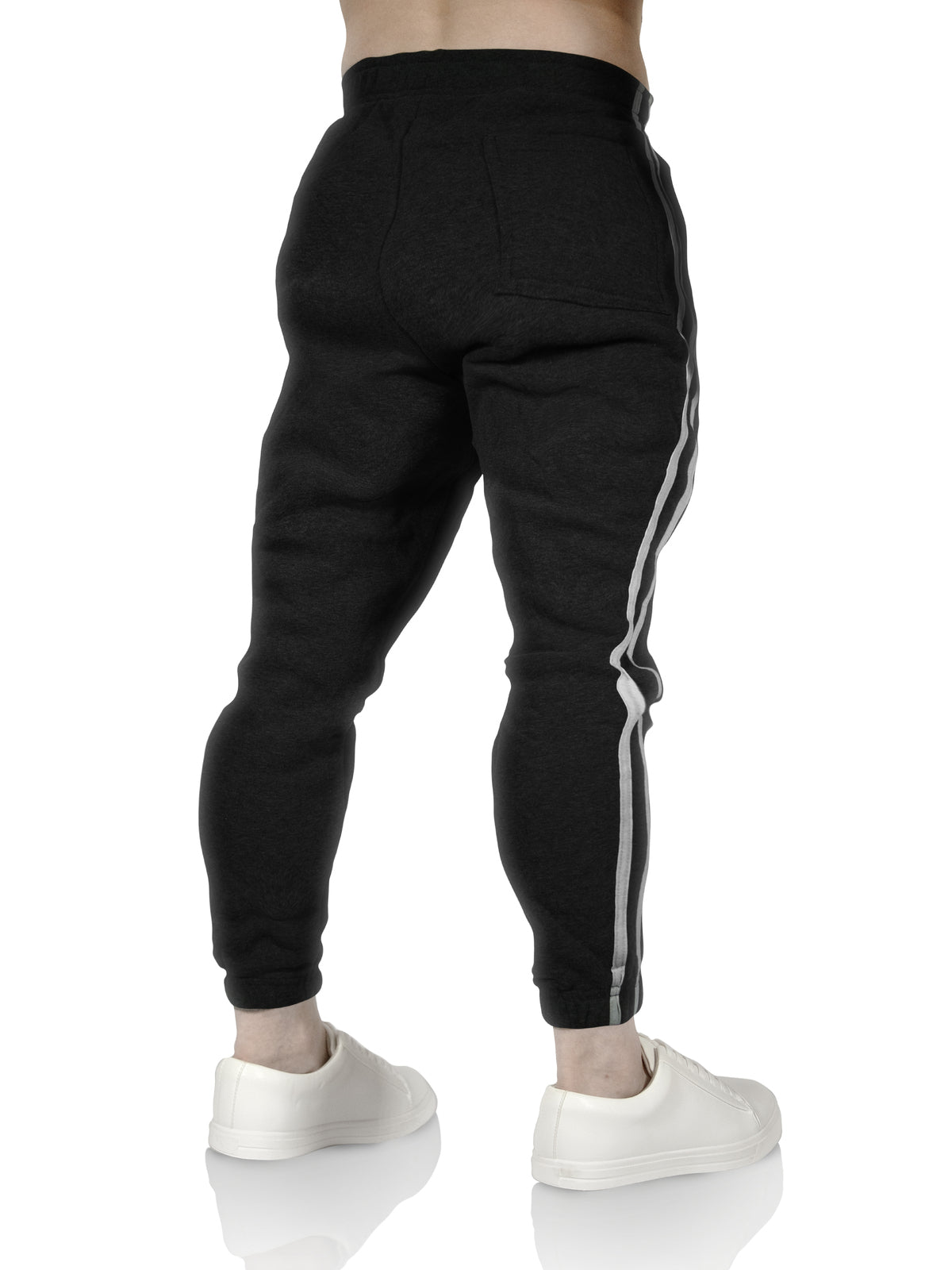 Mens Fleece Skinny Track Pants Jogger Gym Casual Sweat Trackies Warm Trousers - Black/White Stripe - XXL