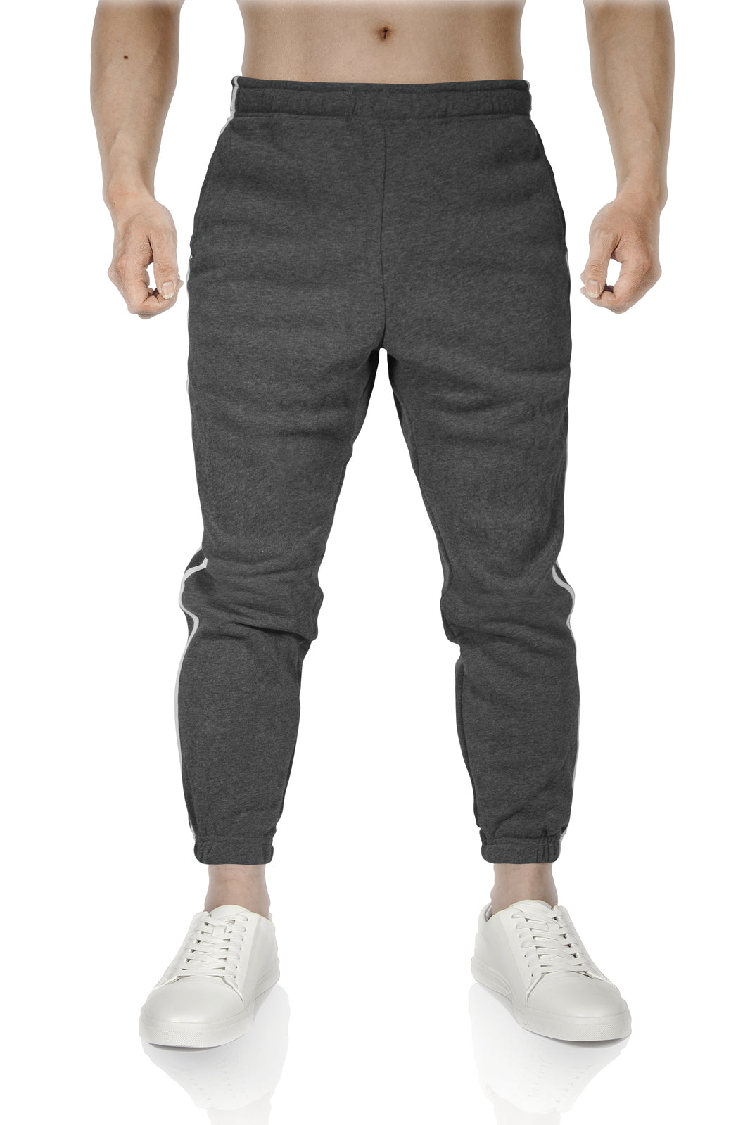 Mens Fleece Skinny Track Pants Jogger Gym Casual Sweat Trackies Warm Trousers - Charcoal Marle/White Stripe - L