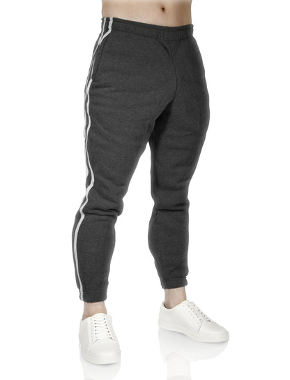 Mens Fleece Skinny Track Pants Jogger Gym Casual Sweat Trackies Warm Trousers - Charcoal Marle/White Stripe - XXL