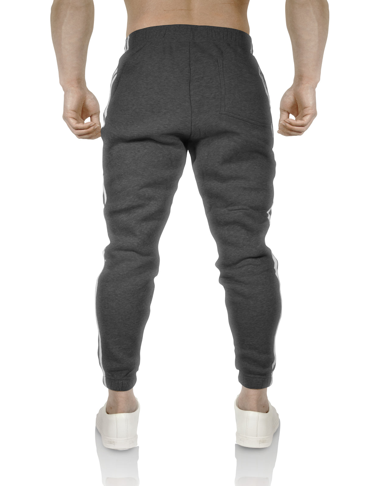 Mens Fleece Skinny Track Pants Jogger Gym Casual Sweat Trackies Warm Trousers - Charcoal Marle/White Stripe - XXL