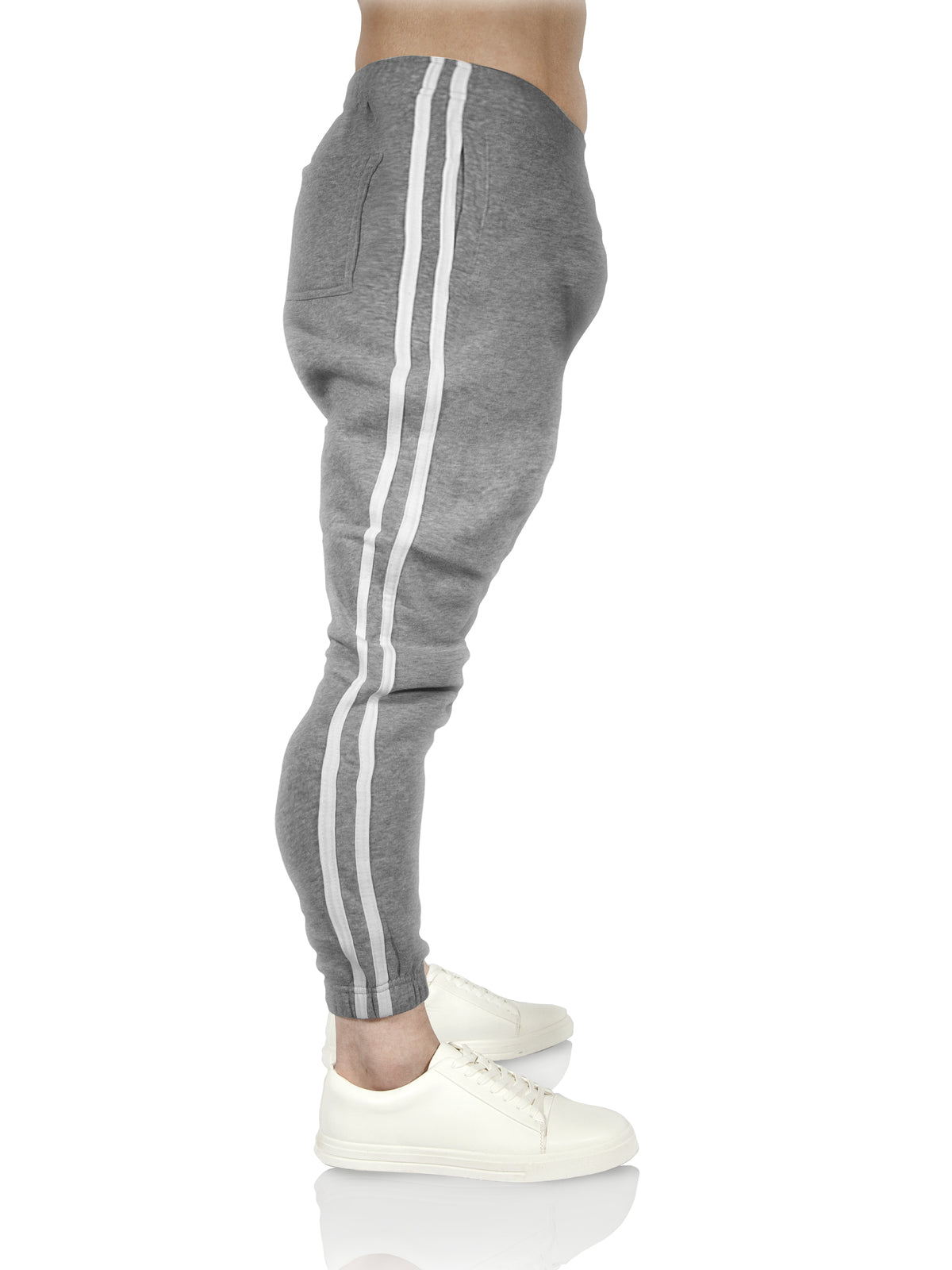 Mens Fleece Skinny Track Pants Jogger Gym Casual Sweat Trackies Warm Trousers - Grey Marle/White Stripe - M