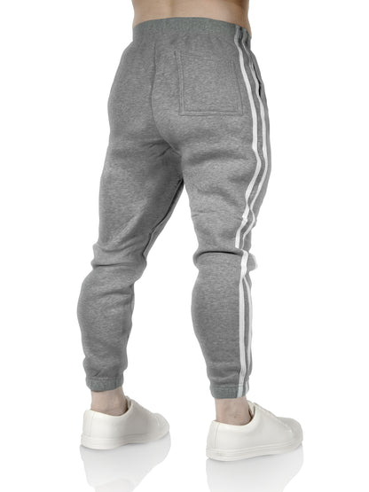 Mens Fleece Skinny Track Pants Jogger Gym Casual Sweat Trackies Warm Trousers - Grey Marle/White Stripe - M