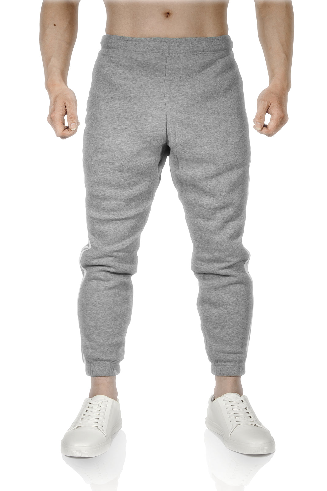 Mens Fleece Skinny Track Pants Jogger Gym Casual Sweat Trackies Warm Trousers - Grey Marle/White Stripe - XL