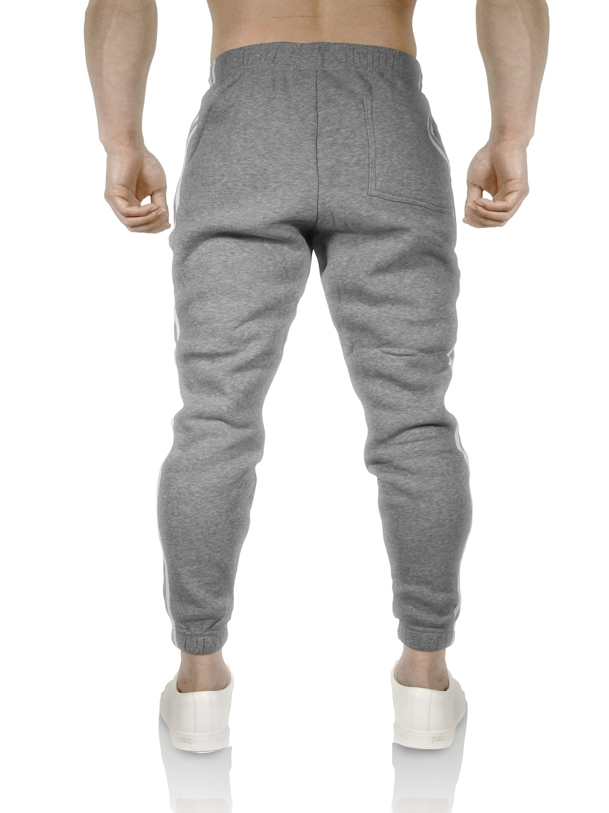 Mens Fleece Skinny Track Pants Jogger Gym Casual Sweat Trackies Warm Trousers - Grey Marle/White Stripe - XXL