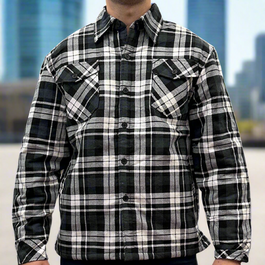 Mens QUILTED FLANNELETTE SHIRT 100% COTTON Flannel Jacket Padded Long Sleeve - Black/Charcoal/White (Quilted) - S