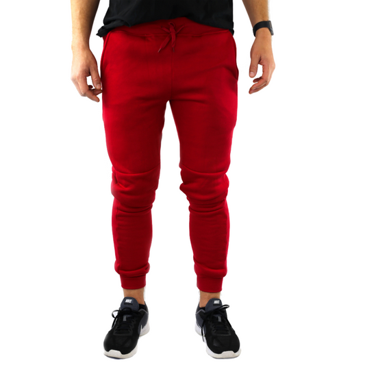 Mens Skinny Track Pants Joggers Trousers Gym Casual Sweat Cuffed Slim Trackies Fleece - Red - XL