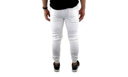 Mens Skinny Track Pants Joggers Trousers Gym Casual Sweat Cuffed Slim Trackies Fleece - White - L