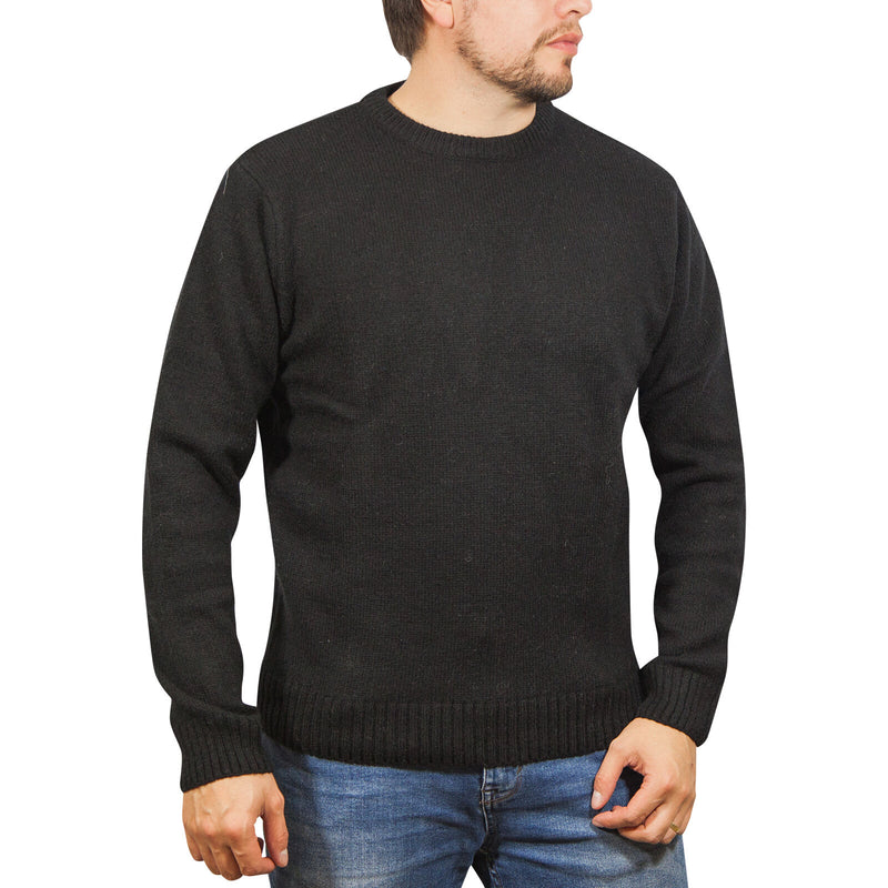 100% SHETLAND RAGG WOOL CREW Round Neck Knit JUMPER Pullover Mens Sweater Knitted - Plain Black - M