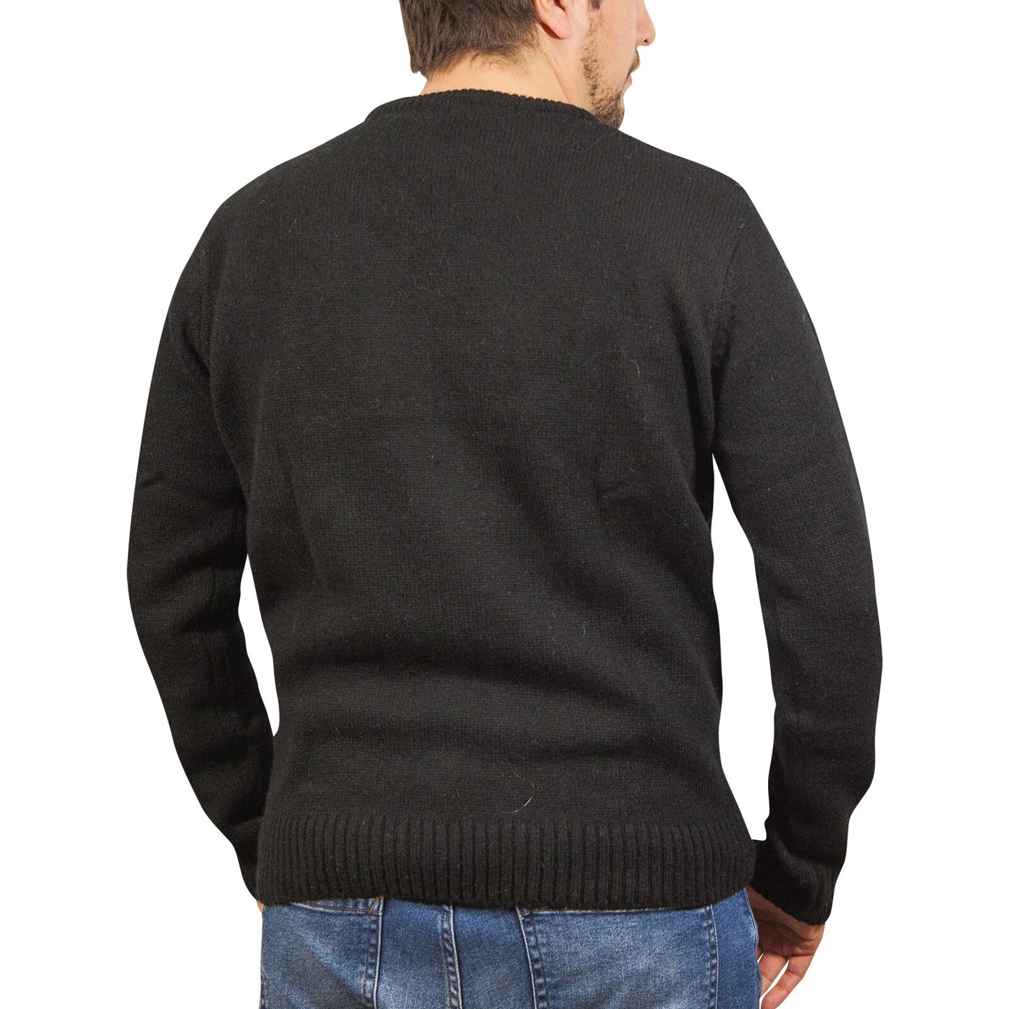 100% SHETLAND RAGG WOOL CREW Round Neck Knit JUMPER Pullover Mens Sweater Knitted - Plain Black - M