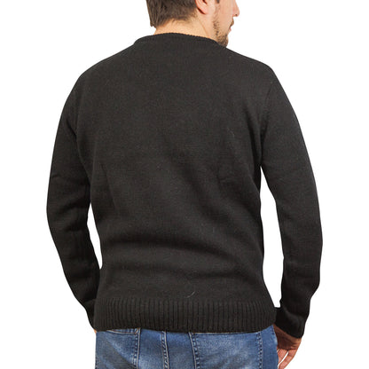 100% SHETLAND RAGG WOOL CREW Round Neck Knit JUMPER Pullover Mens Sweater Knitted - Plain Black - M