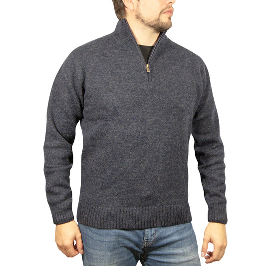 100% SHETLAND WOOL Half Zip Up Knit JUMPER Pullover Mens Sweater Knitted - Denim Blue (45) - 3XL