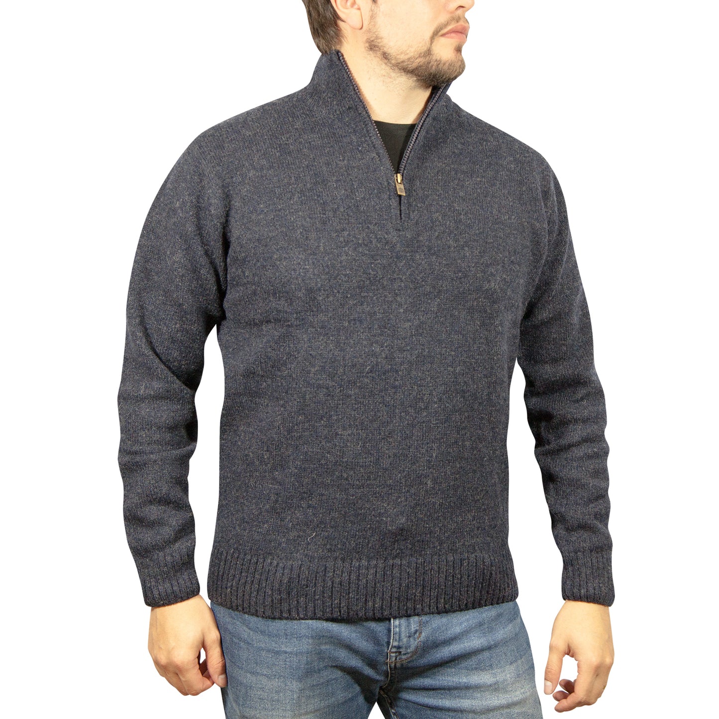 100% SHETLAND WOOL Half Zip Up Knit JUMPER Pullover Mens Sweater Knitted - Denim Blue (45) - 4XL