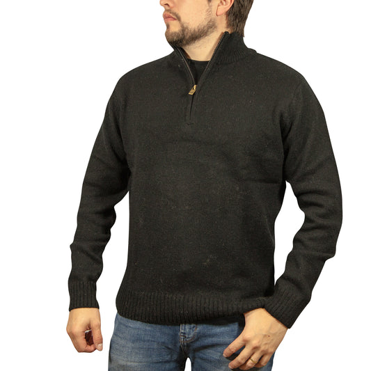 100% SHETLAND WOOL Half Zip Up Knit JUMPER Pullover Mens Sweater Knitted - Plain Black - 5XL