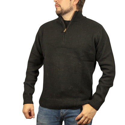 100% SHETLAND WOOL Half Zip Up Knit JUMPER Pullover Mens Sweater Knitted - Plain Black - S