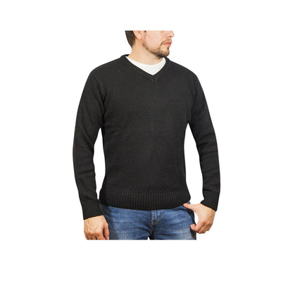 100% Shetland Wool V Neck Knit Jumper Pullover Mens Sweater Knitted - Plain Black - 5XL