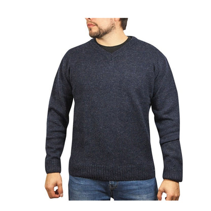 100% Shetland Wool V Neck Knit Jumper Pullover Mens Sweater Knitted - Navy (45) - 3XL