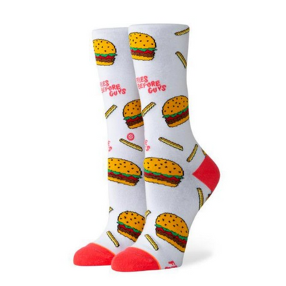 Stance ""Fries Before Guys"" Burger & Fries Crew Socks – Fun Food Print - S