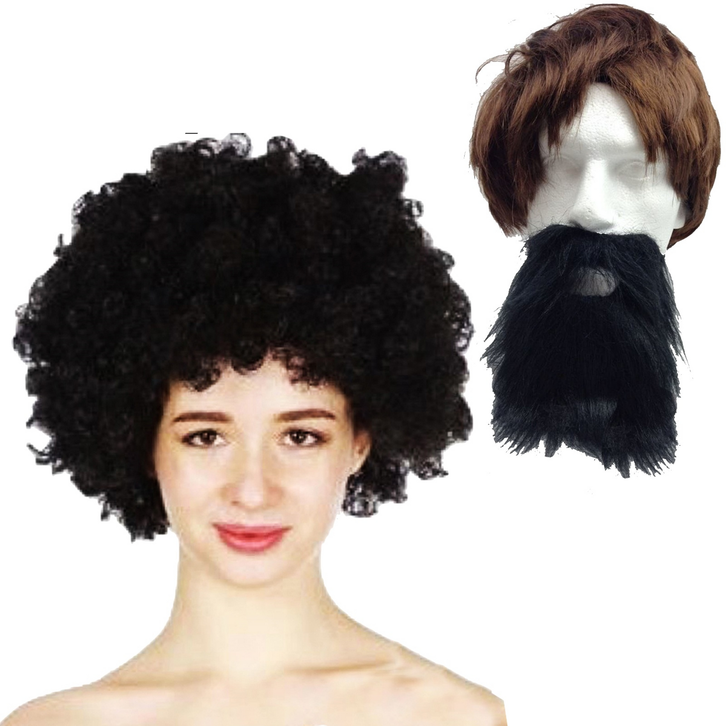 2pc Set Black Jumbo Afro Wig + Party Beard Moustache Costume Fancy Dress Fake Hair