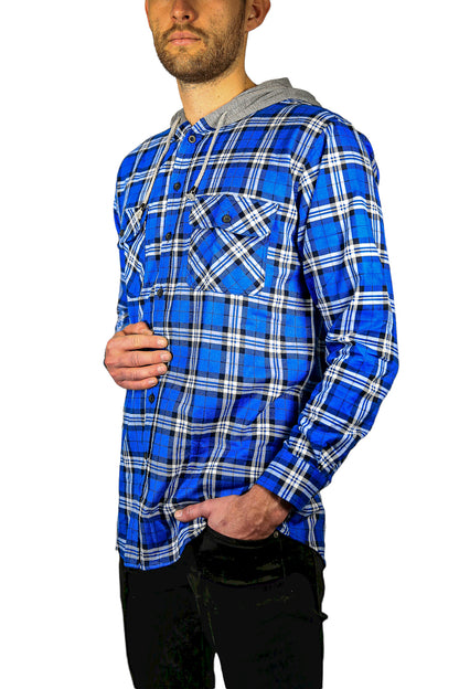 Mens Cotton Flannelette Shirt w Jersey Hood Long Sleeve Flannel - Spanish Blue - L