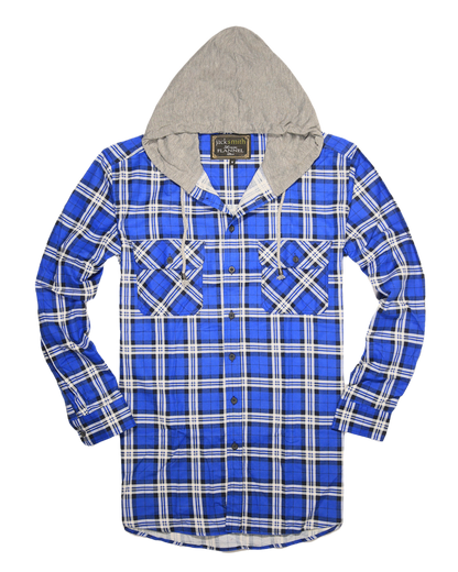 Mens Cotton Flannelette Shirt w Jersey Hood Long Sleeve Flannel - Spanish Blue - M