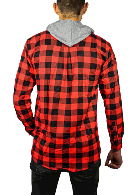 Mens Cotton Flannelette Shirt w Jersey Hood Long Sleeve Flannel - Red/Black - 3XL