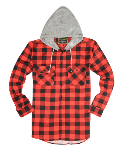 Mens Cotton Flannelette Shirt w Jersey Hood Long Sleeve Flannel - Red/Black - 3XL