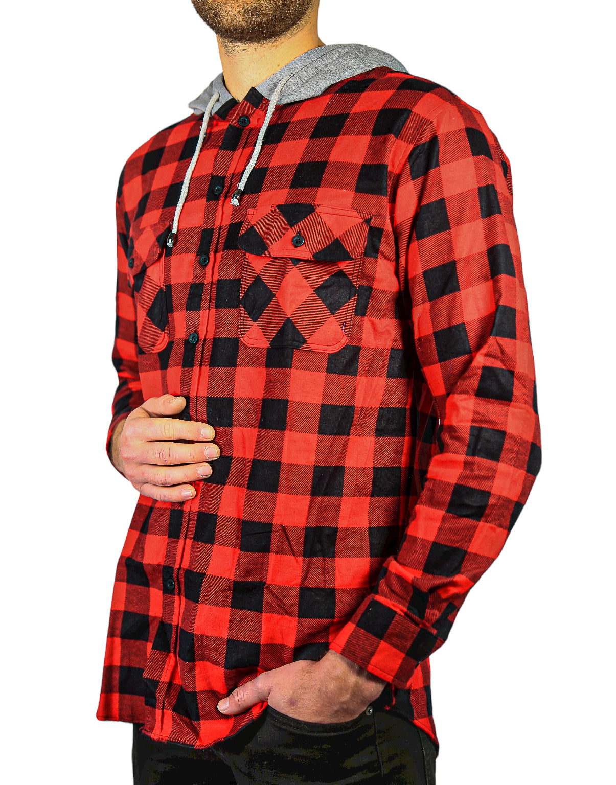 Mens Cotton Flannelette Shirt w Jersey Hood Long Sleeve Flannel - Red/Black - 6XL