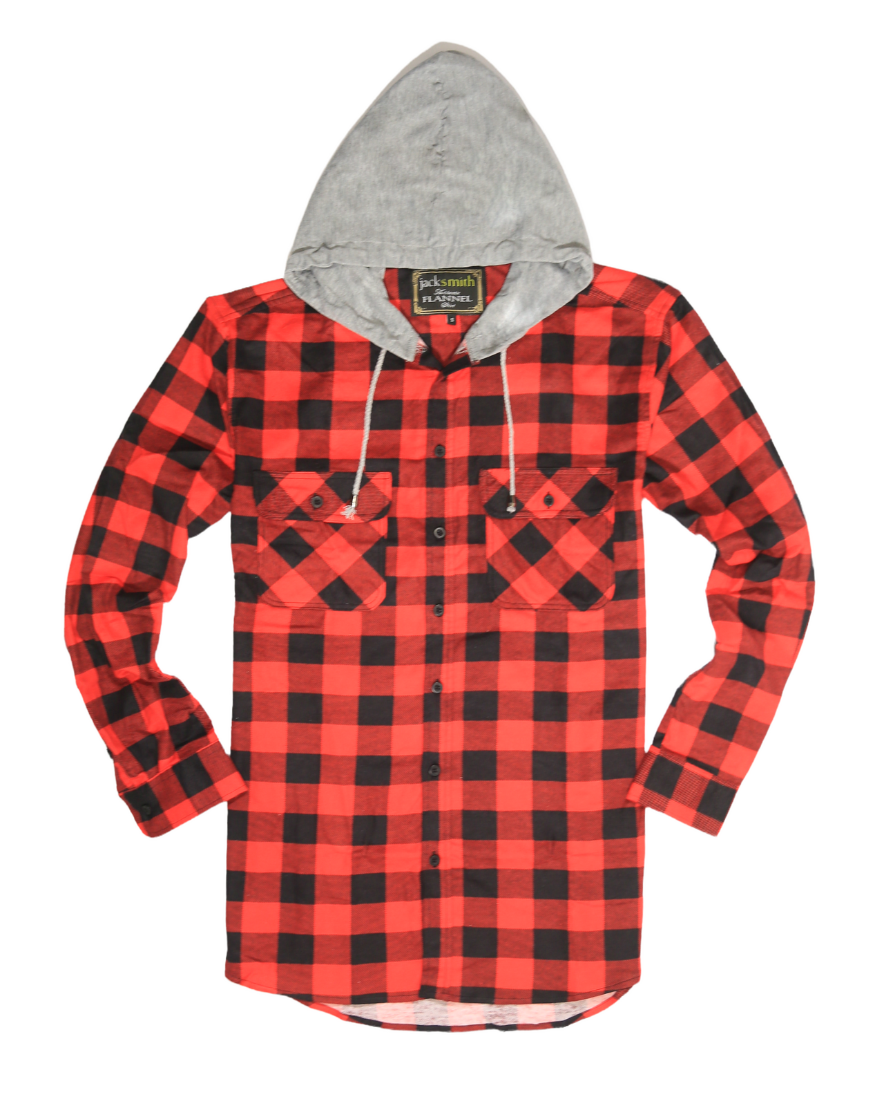 Mens Cotton Flannelette Shirt w Jersey Hood Long Sleeve Flannel - Red/Black - M