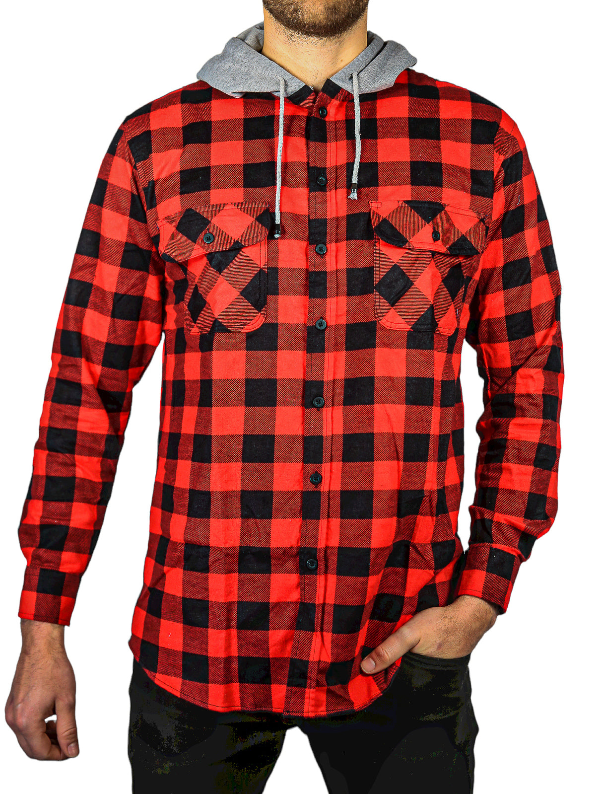 Mens Cotton Flannelette Shirt w Jersey Hood Long Sleeve Flannel - Red/Black - XL