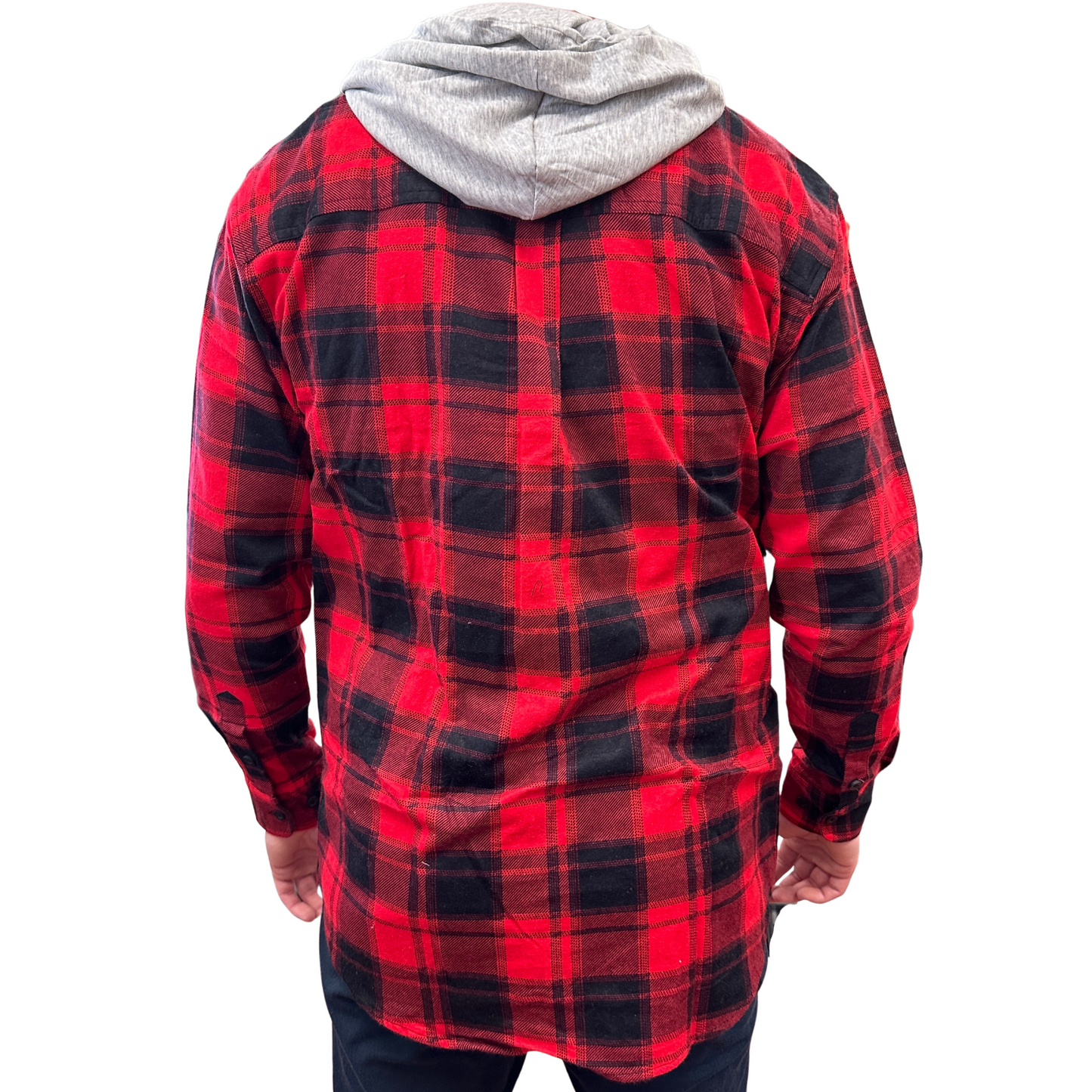 Mens Cotton Flannelette Shirt w Jersey Hood Long Sleeve Flannel - Red - 3XL