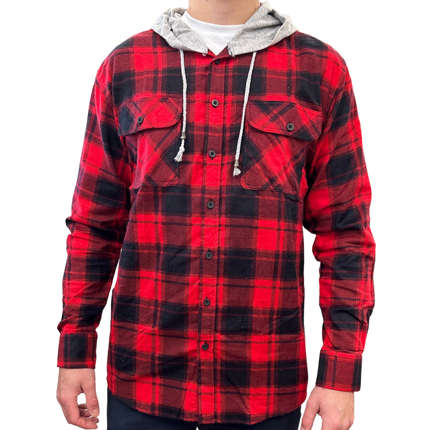 Mens Cotton Flannelette Shirt w Jersey Hood Long Sleeve Flannel - Red - S