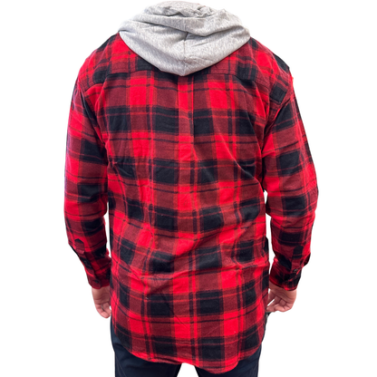 Mens Cotton Flannelette Shirt w Jersey Hood Long Sleeve Flannel - Red - XL