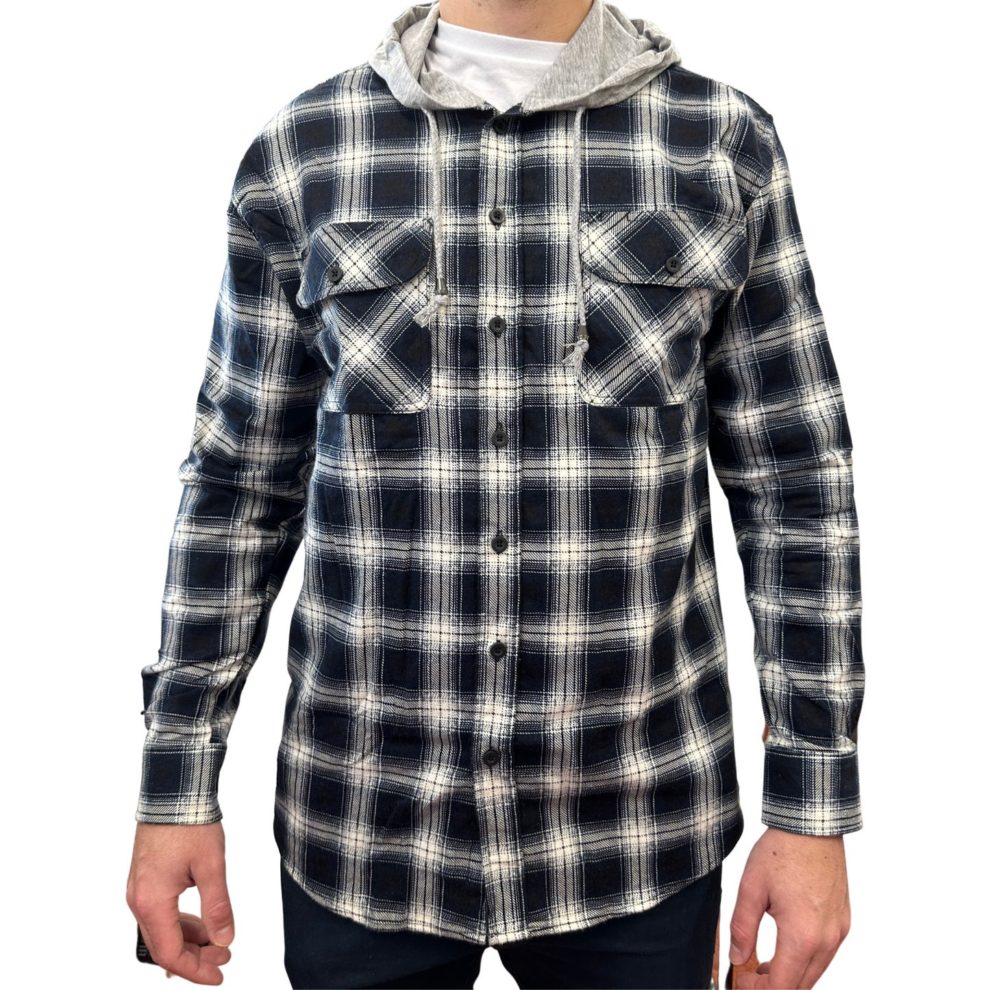 Mens Cotton Flannelette Shirt w Jersey Hood Long Sleeve Flannel - Black - 2XL