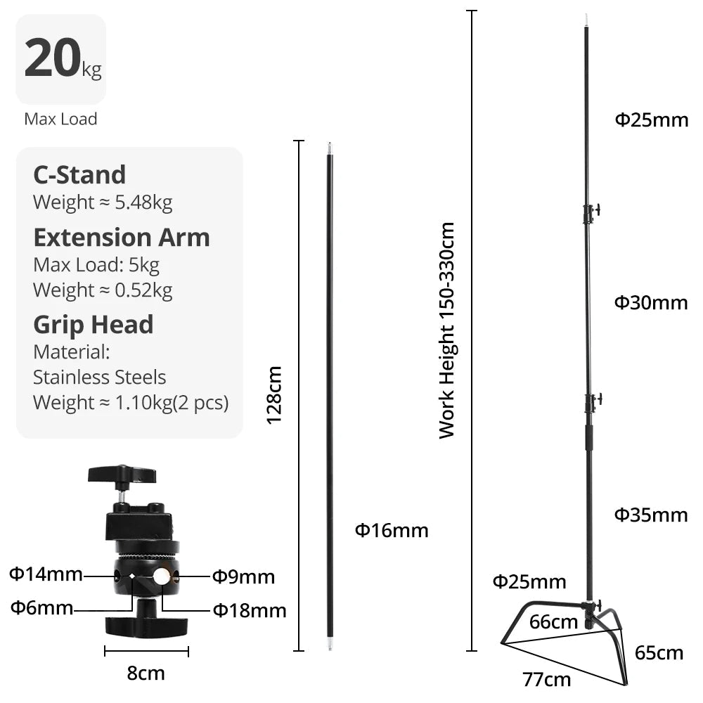 150-330cm Black Heavy Duty C-Stand Adjustable Light Stand Load 20KG Capacity