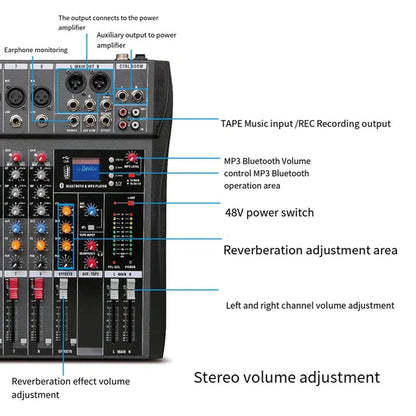 Hridz CT-80S 8-Channel Audio Mixer with Bluetooth & 48V Phantom Power