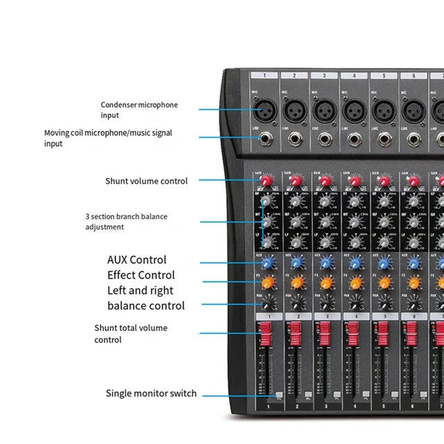 Hridz CT-80S 8-Channel Audio Mixer with Bluetooth & 48V Phantom Power