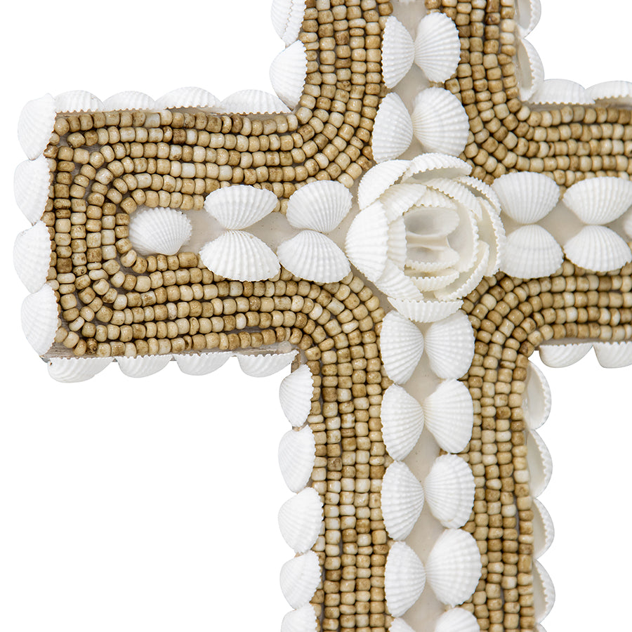 Handcrafted Shell & Narrow Weave Border Wall Hanging Cross 30x3cm