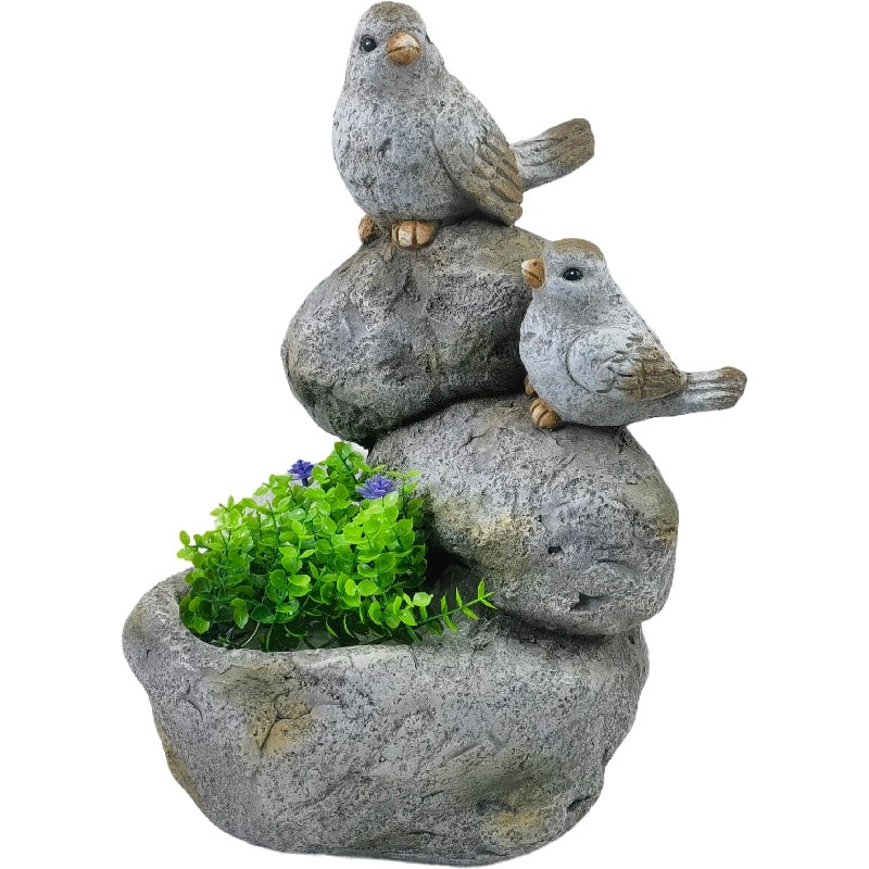 Perched Birds On Stones Planter w Hole + Plug 40cm