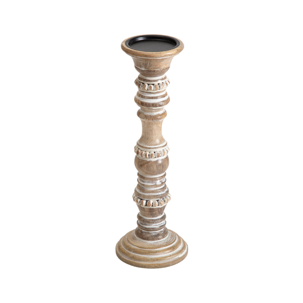 Handcrafted Mango Wood Beaded Pillar Candleholder 38cm