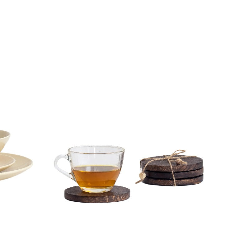 Handcrafted Burnt Finish 4pc Coaster Set w Tie 10cm
