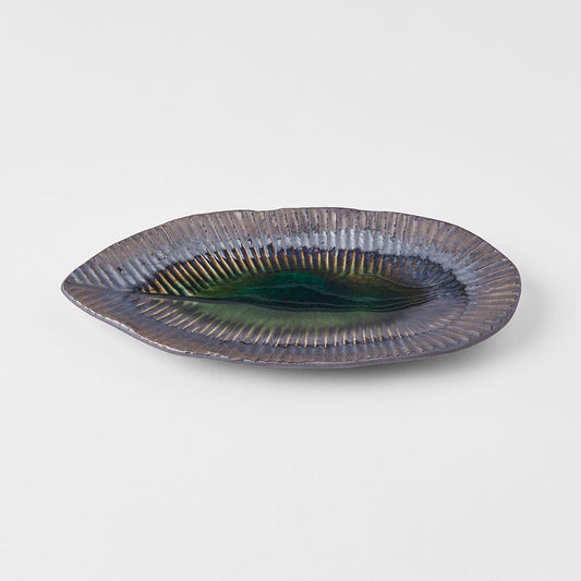 Plate Leaf Shape 21.5x10.5cm Midori Ridge Glaze