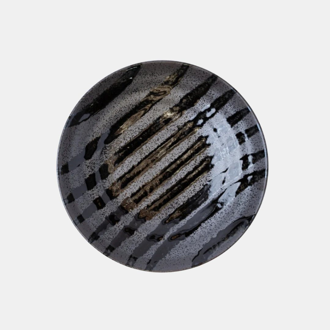 Pasta Bowl Flat 23cm Black Stripes On Gunmetal Glaze