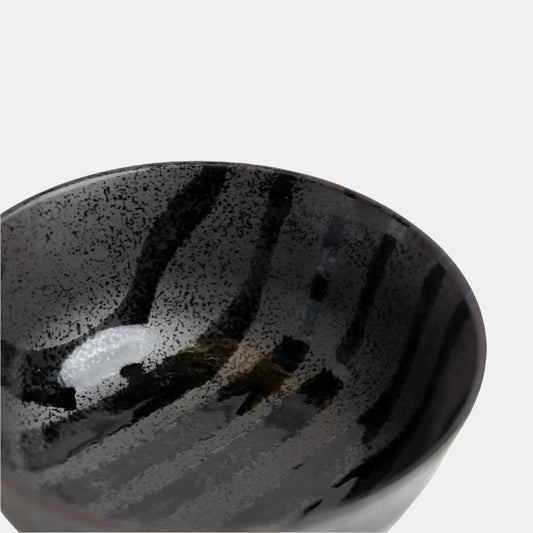 Udon Bowl Fluted 17cm Gloss Black Stripes On Gunmetal Glaze