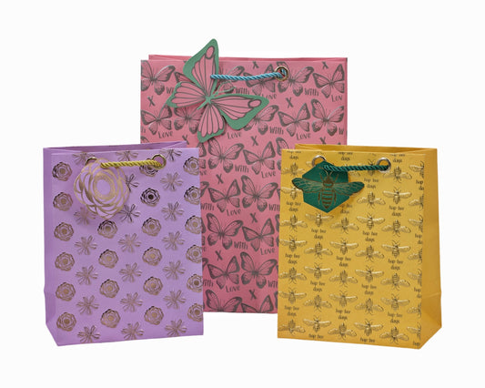 bulk 24 Large Foiled Luxury Garden Gift Bag 3 Assort 32cm