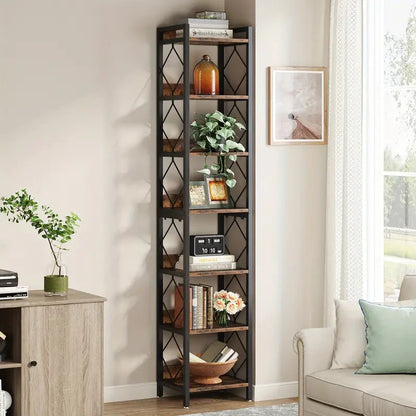 NNETMLT 78.7 Inch Extra Tall 7 Tier Skinny Bookcase, Rustic Brown