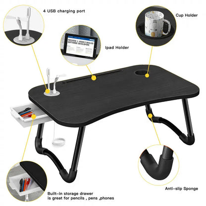 NNECN Laptop Desk Bed Table Tray Folding Breakfast Table Portable Lap Standing Desk Notebook Stand Reading Holder for Bed/Sofa Large Lap Desk with USB-Charger and Cup-Holder