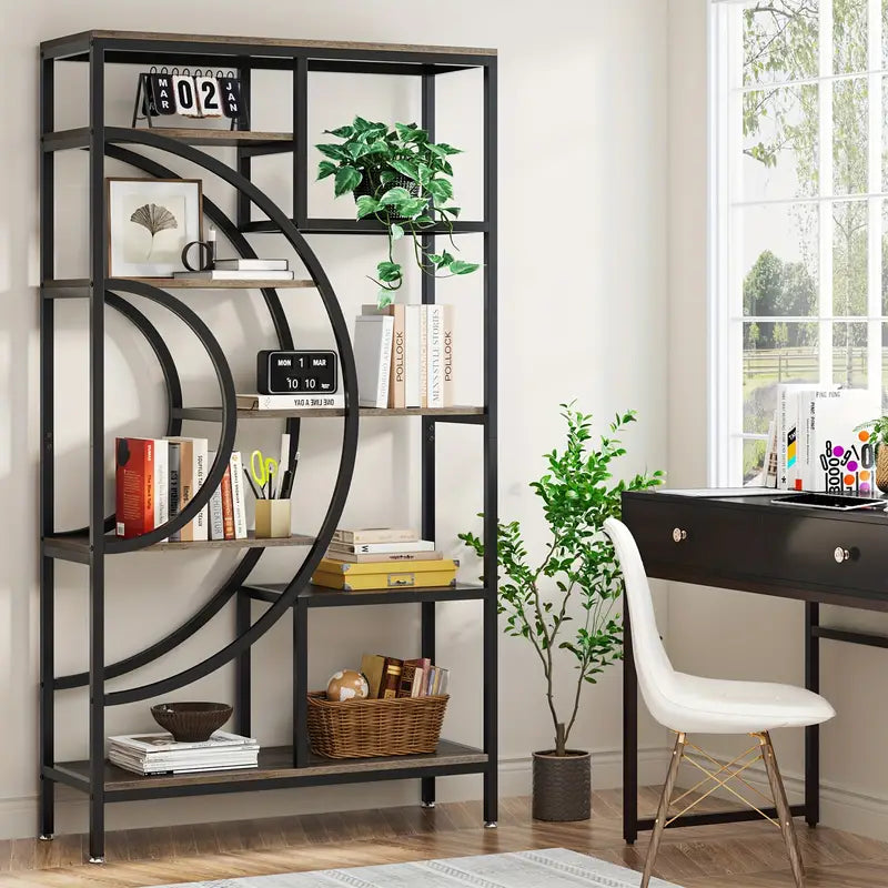 NNETMLT 8-Tier 71-Inch Industrial Geometric Bookcase with Metal Frame