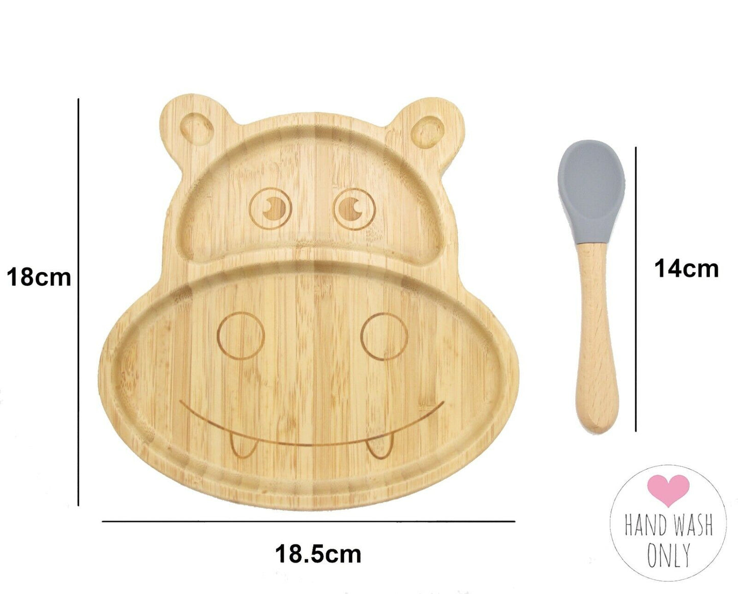 Bamboo Kids Children Baby Plate Bowl & Silicon Suction Cap Base & Spoon - Hippo